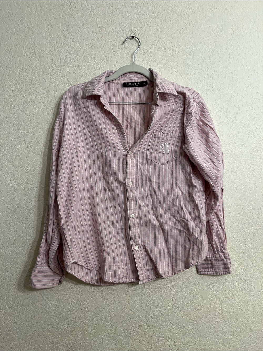 Ralph Lauren embroidered Pink Striped Cotton Button-Up Pajama Top